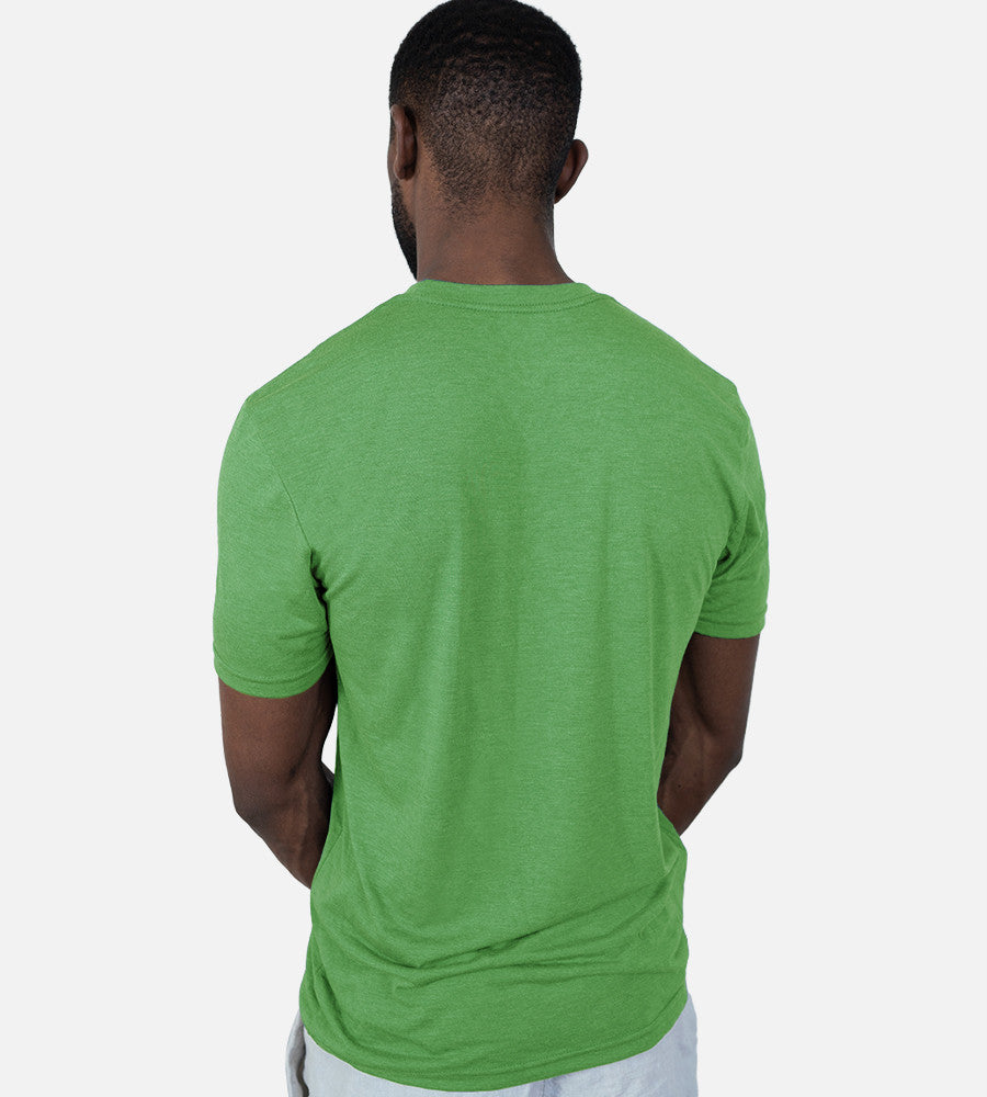 back view of model wearing Palm Green comfort crew tee~Palm Green
