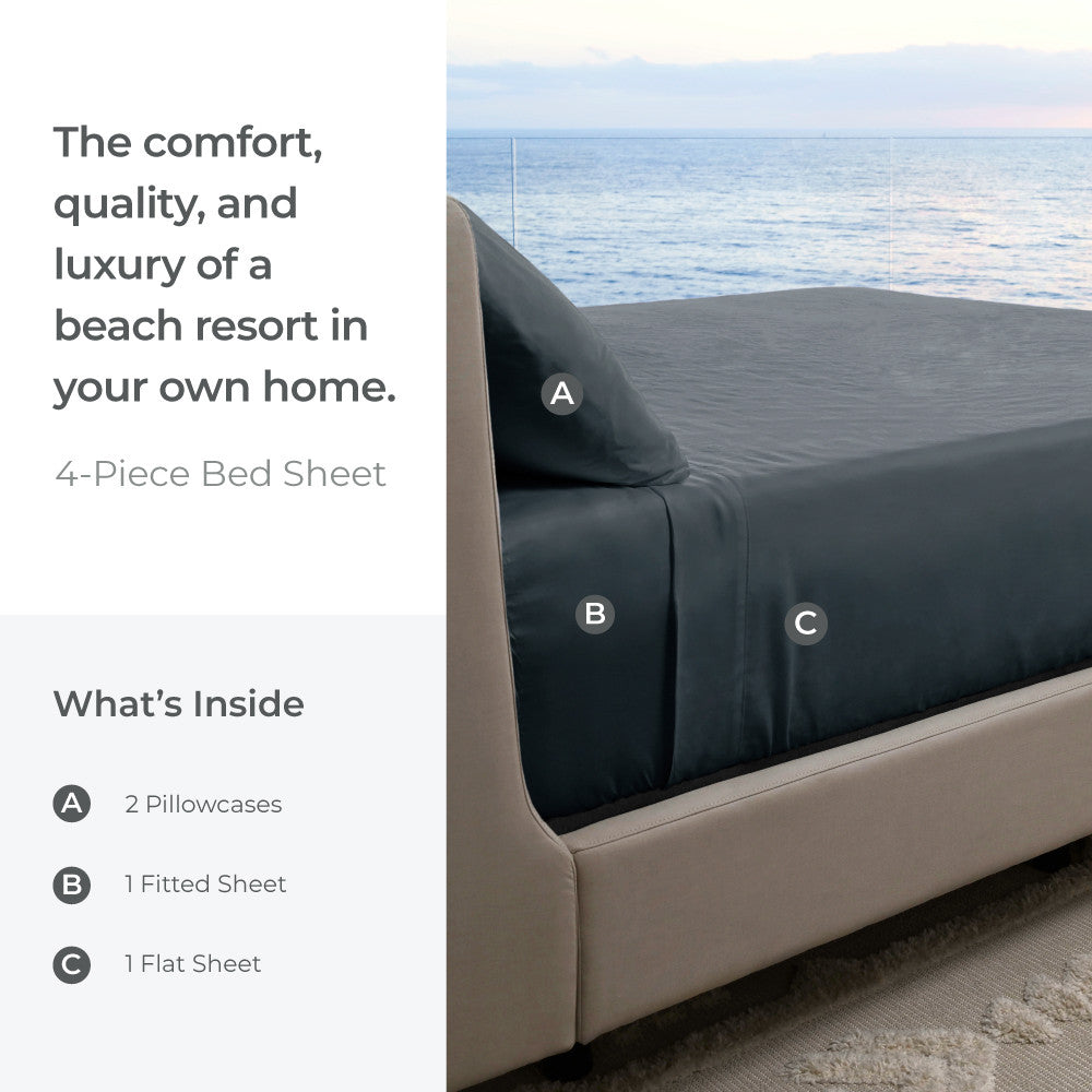 the comfort, quality and luxury of a beach resort in your own home. 4-piece set. what's inside? 2 pillowcases, 1 fitted sheet, 1 flat sheet~Blue Lagoon