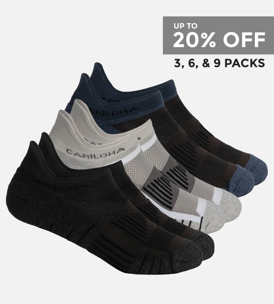 up to 20% off 3, 6, and 9 packs. Stack of three athletic socks