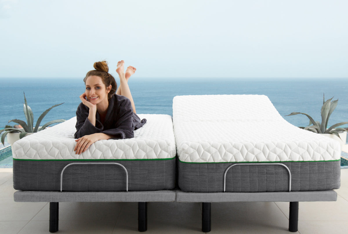 a woman lying on a comfort base 