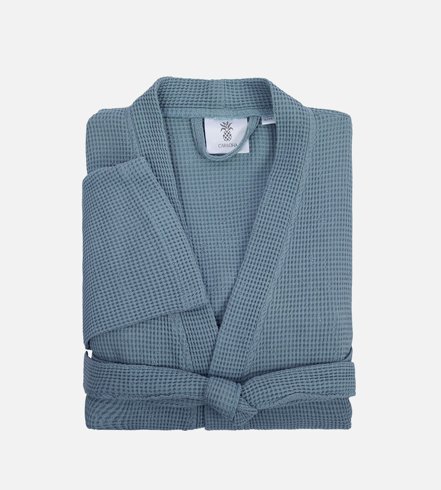 folded up marine blue waffle knit robe~