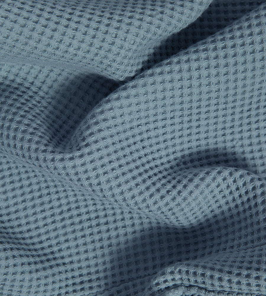 close-up on marine blue waffle knit robe