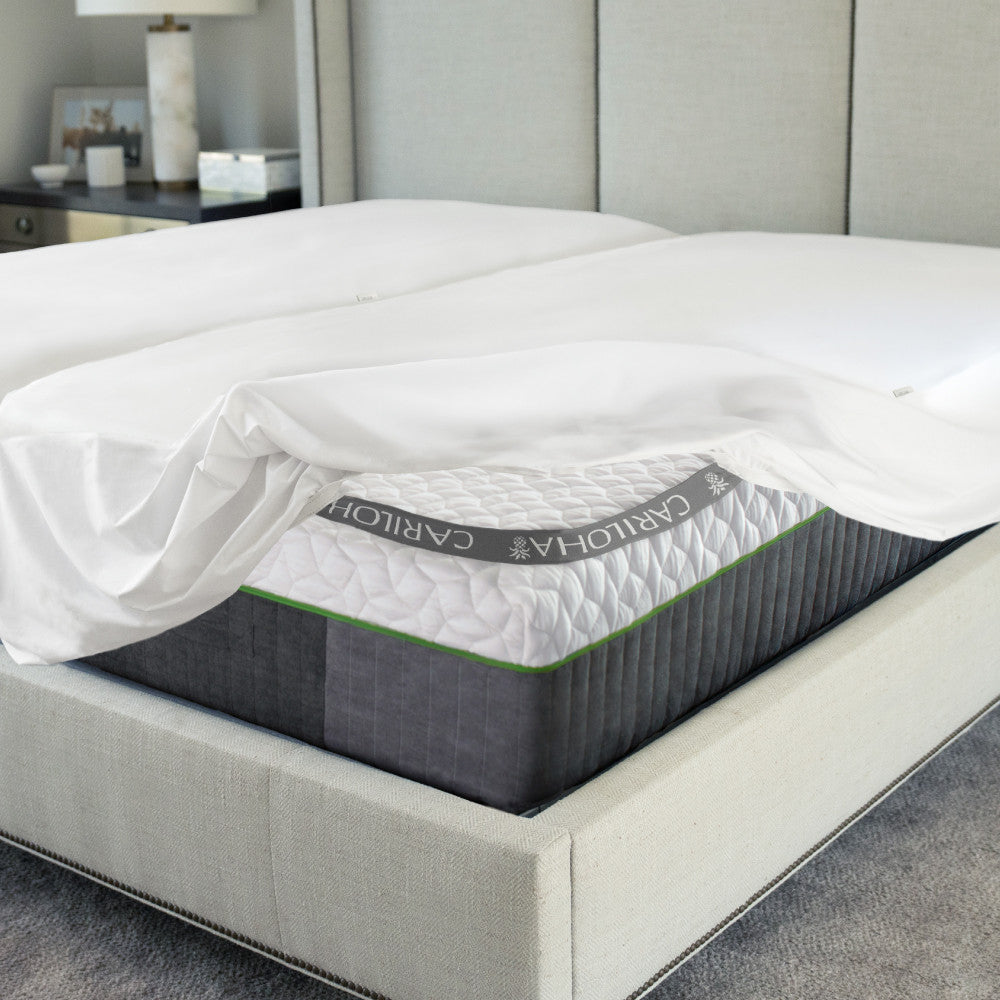 corner of mattress protector folded up on the bed~Twin XL
