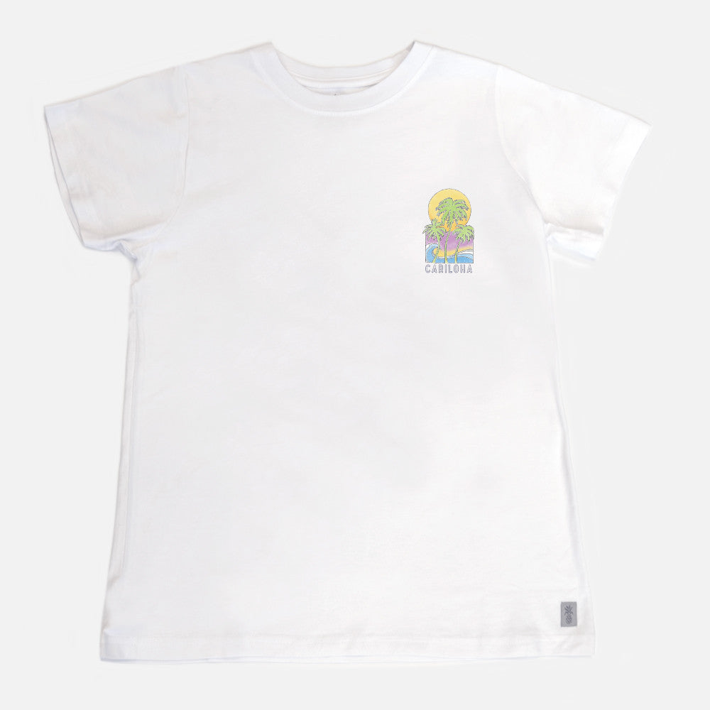 flat front view of white crew tee with pastel palms left chest design