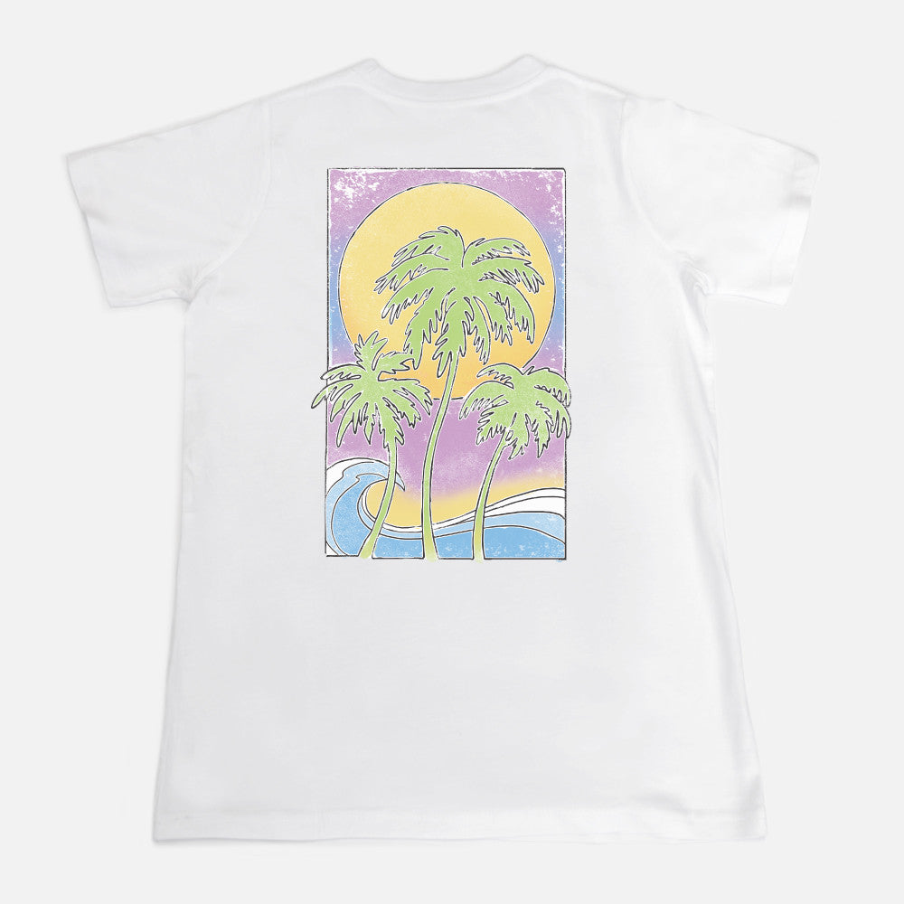 flat front view of white crew tee with pastel palms back design