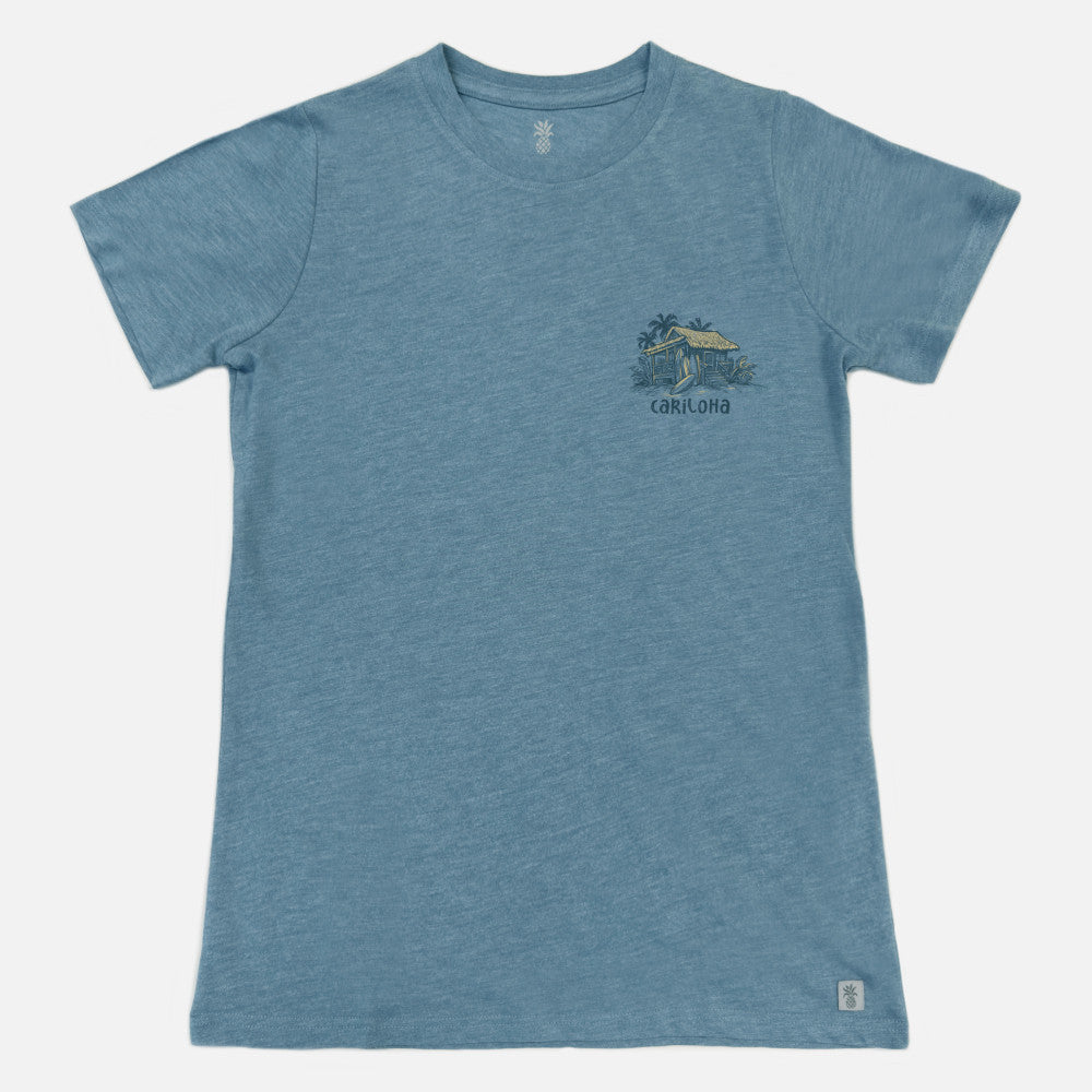 flat front view of coastal blue crew tee with our sandbar surf shack left chest design