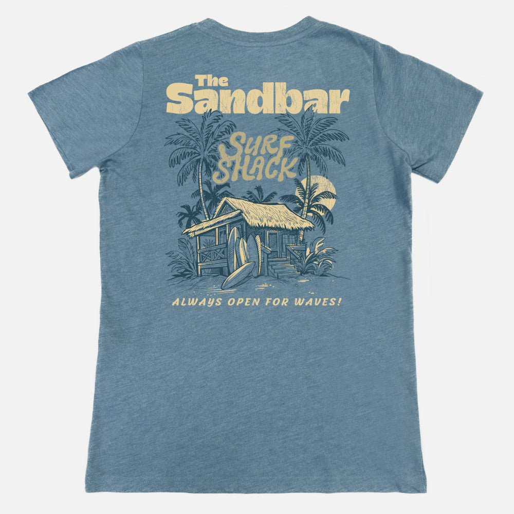 flat back view of coastal blue crew tee with our sandbar surf shack back design