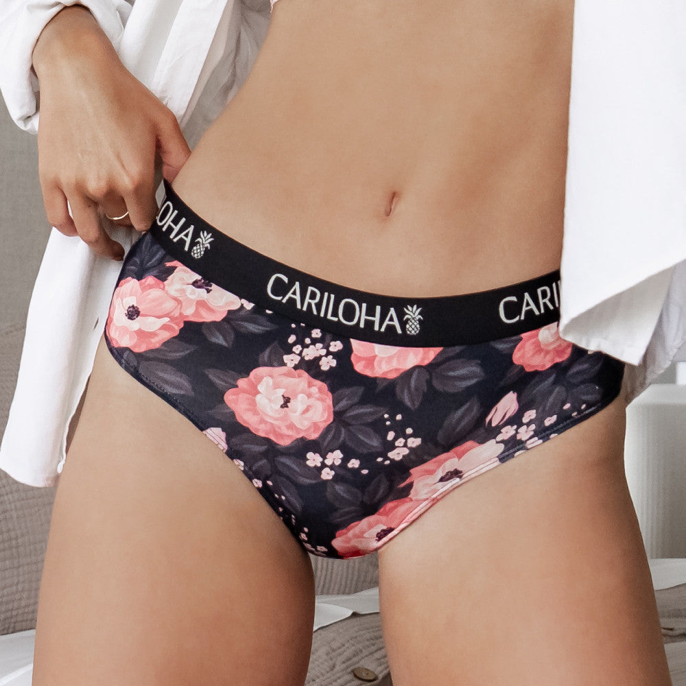 front view of peony print briefs