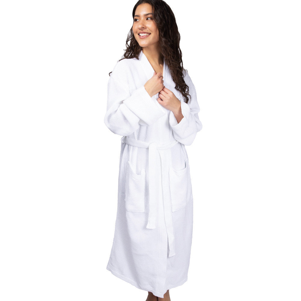 front view of model wearing white waffle knit bathrobe~White