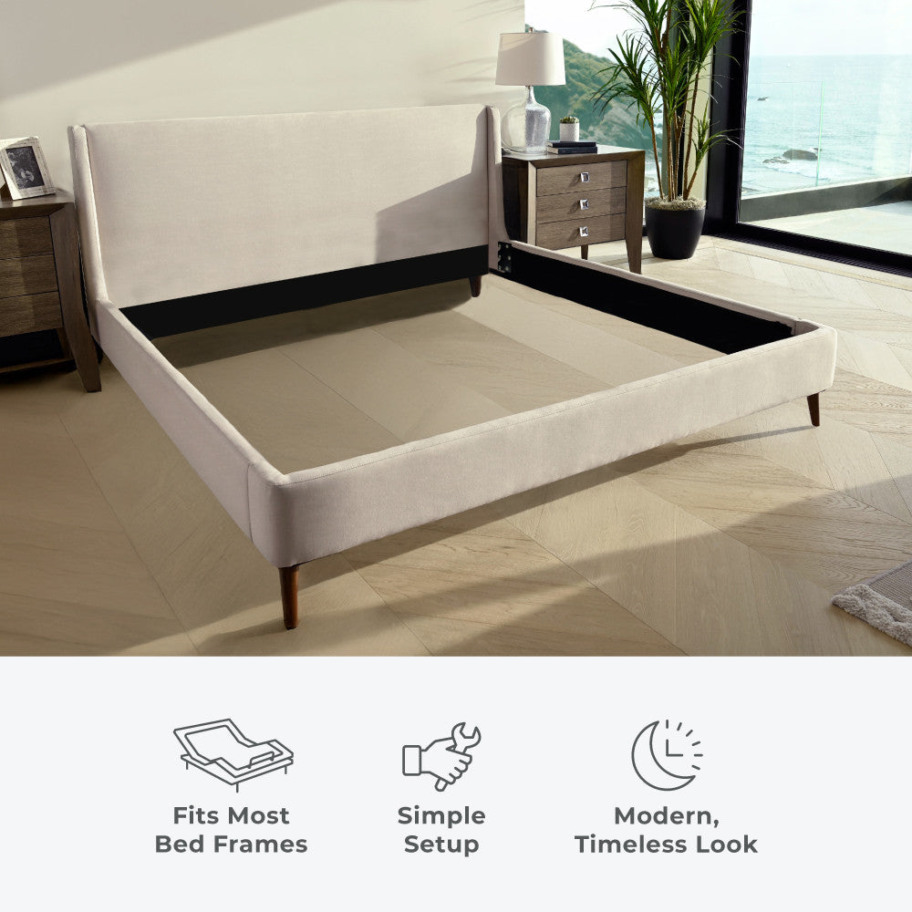 fits most bed frames. simple set up. modern timeless look