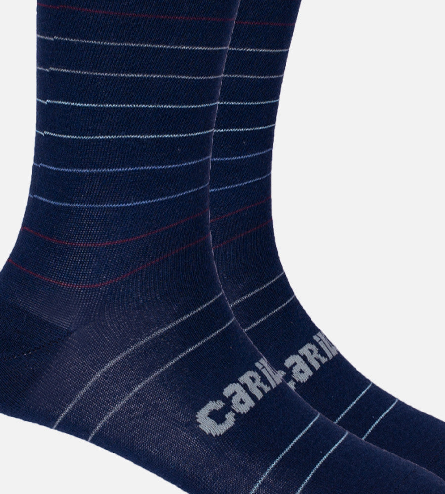close-up on navy stripe trouser sock