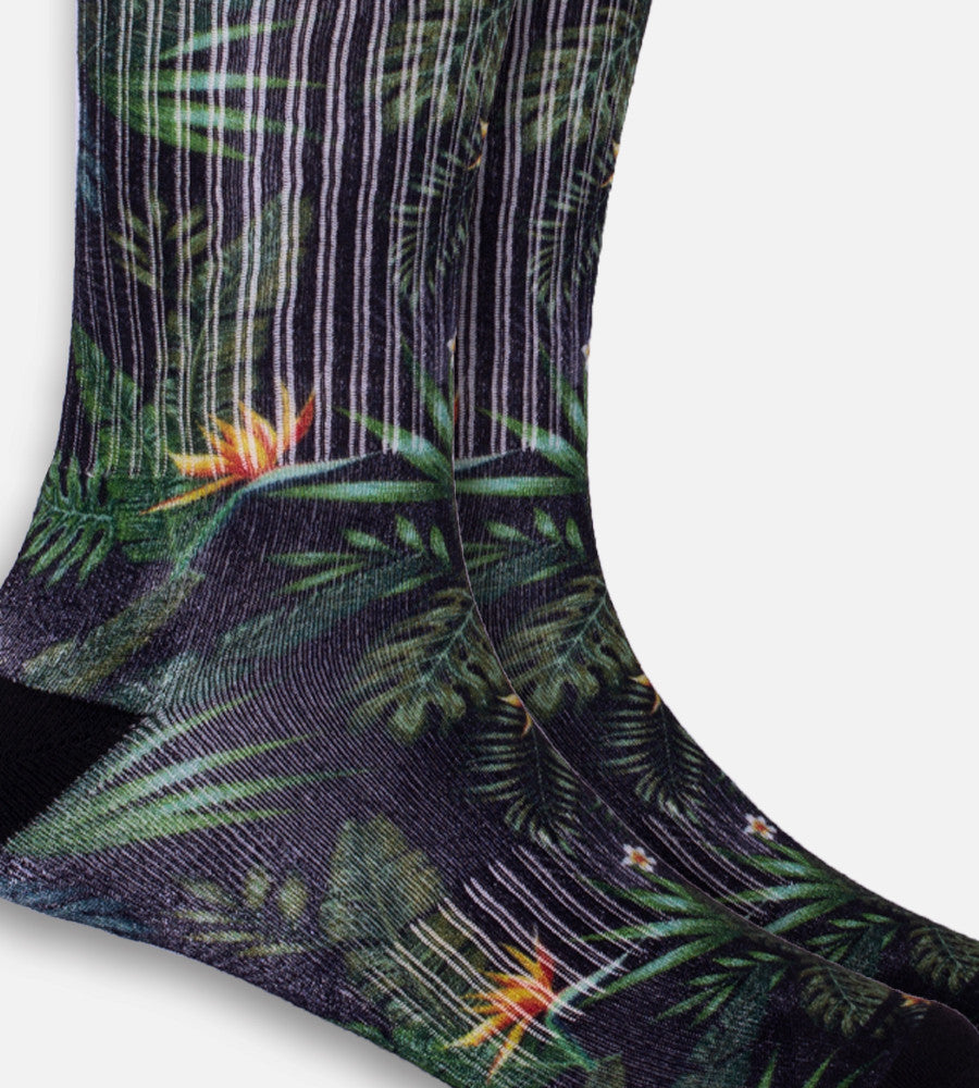 close-up on Olive Tropical Foliage crew sock~Olive Tropical Foliage