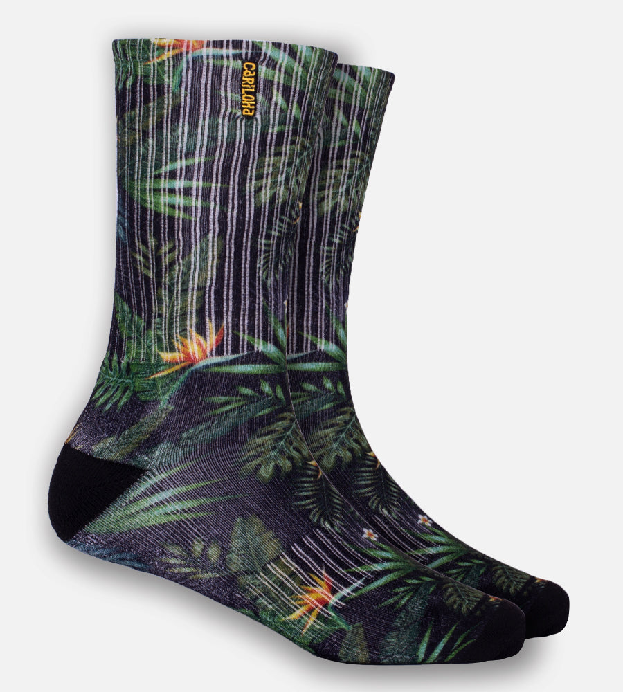 Bamboo Printed Crew Socks - Olive Tropical Foliage — M