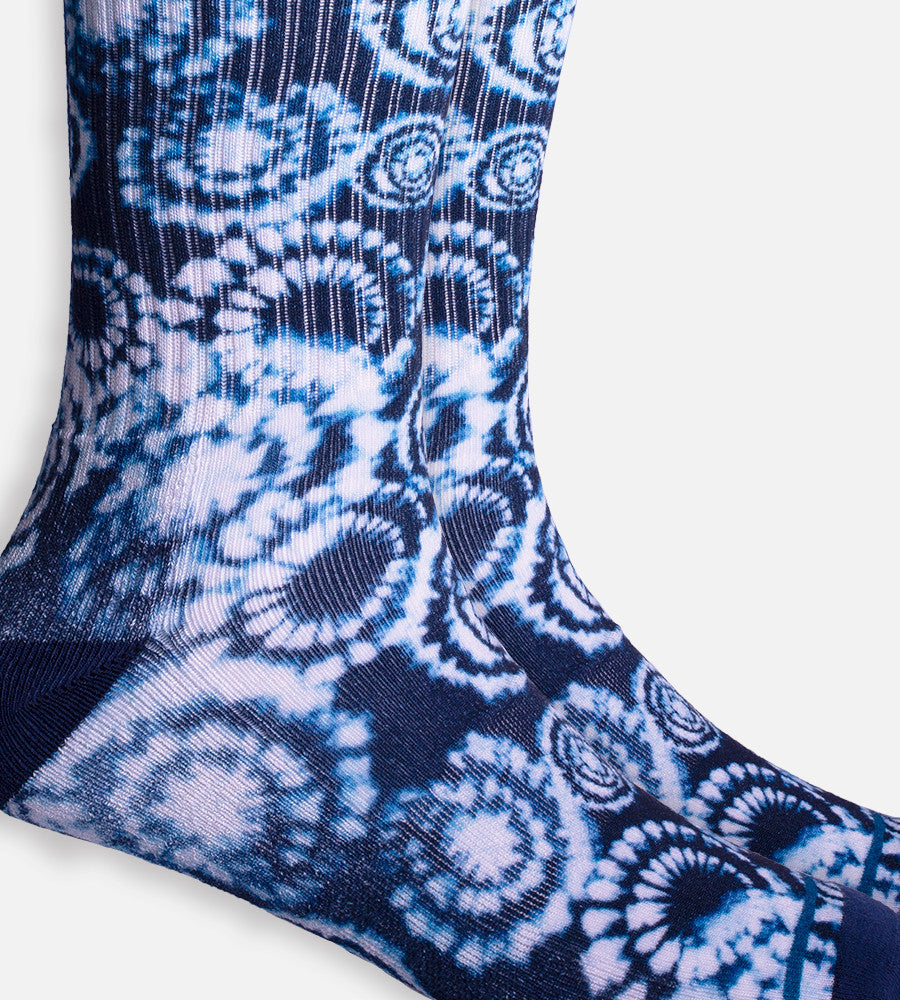 close-up on Navy Tie Dye crew sock
