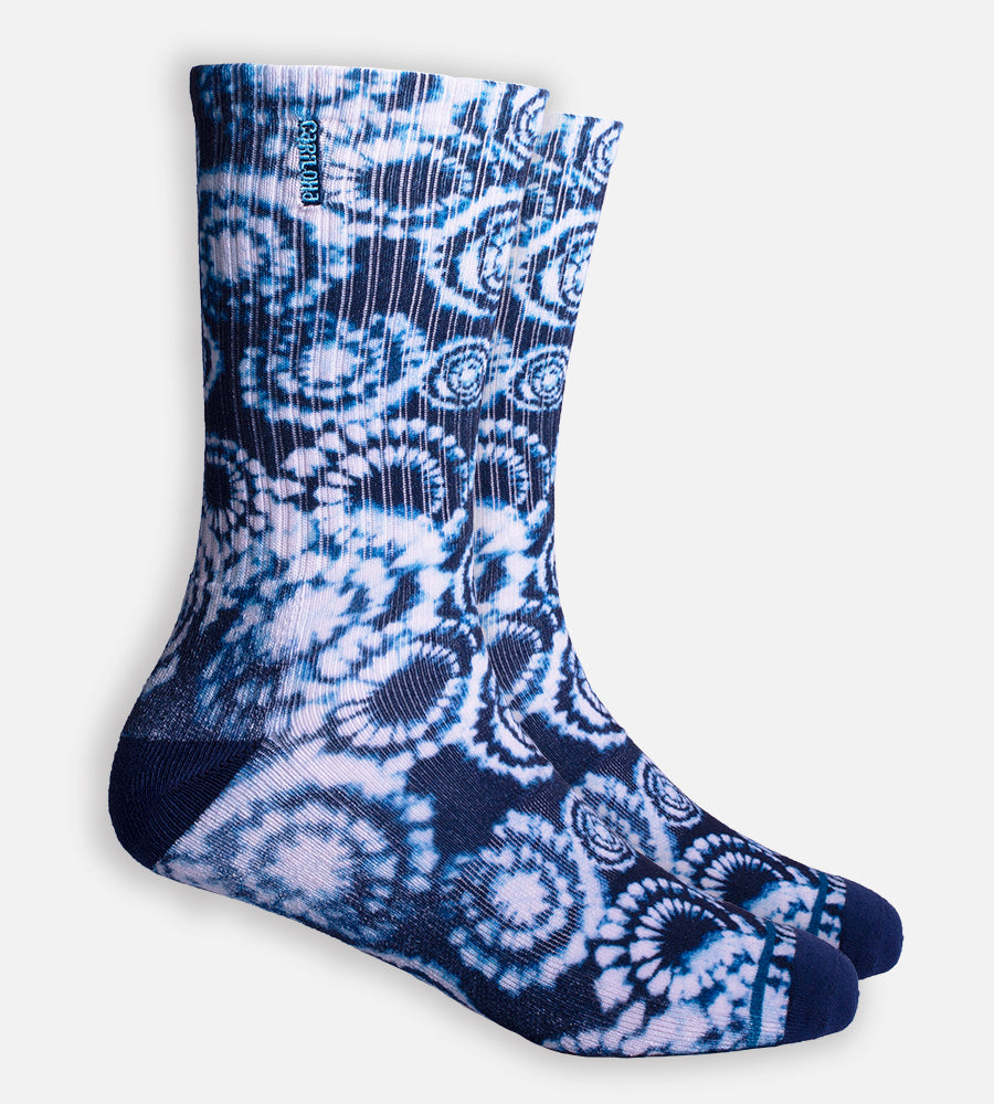Bamboo Printed Crew Socks - Navy Tie Dye — S