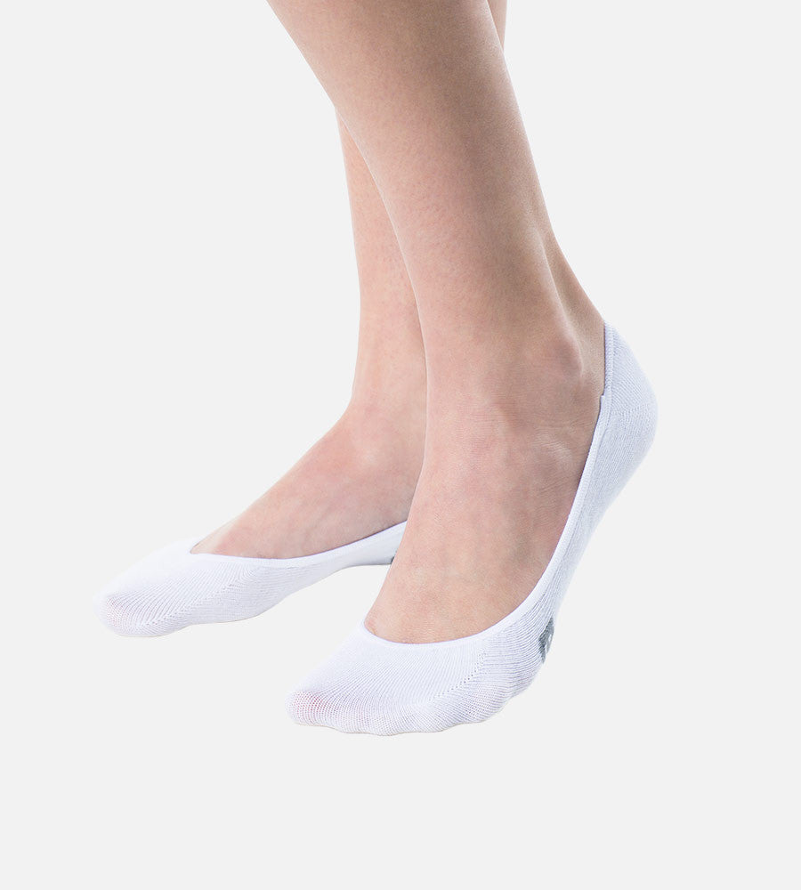 front view of models feet wearing white no show socks