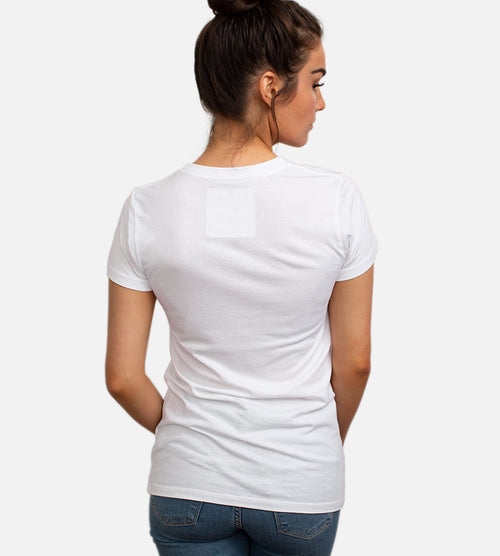 back view of model wearing white crew tee