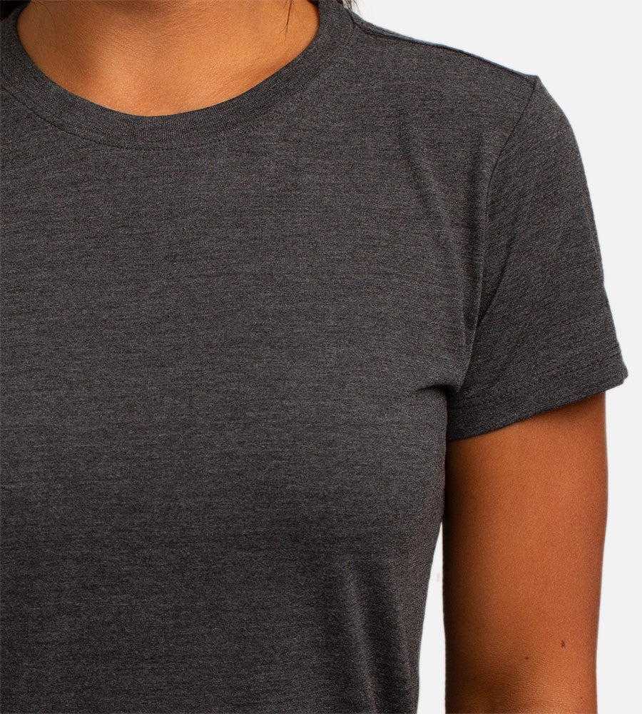 close-up on shoulder view of model wearing Charcoal Heather crew tee~Charcoal Heather