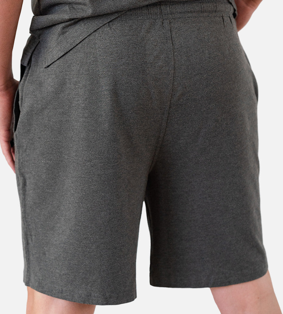 close-up back view of model wearing charcoal heather shorts~Charcoal Heather