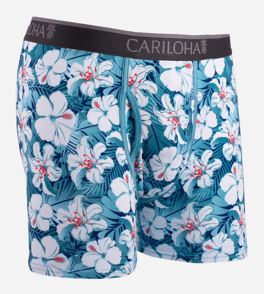 front view of blue hibiscus printed boxers~Blue Hibiscus