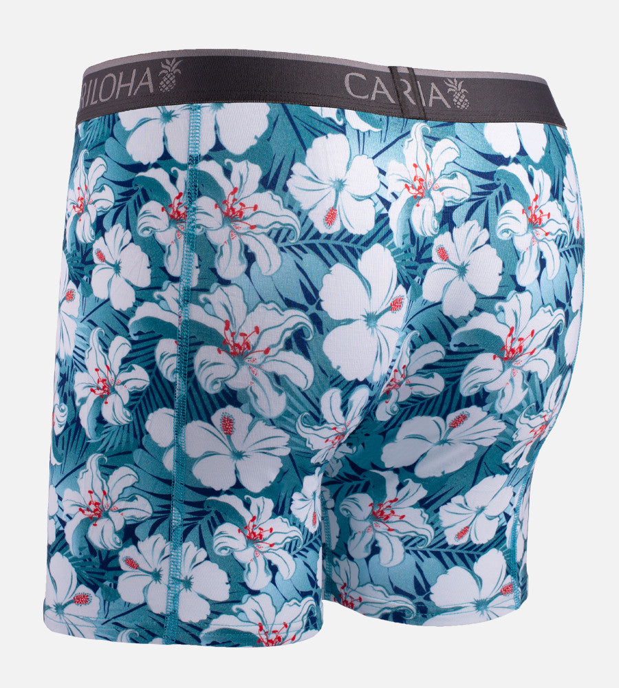 back view of blue hibiscus printed boxers~Blue Hibiscus