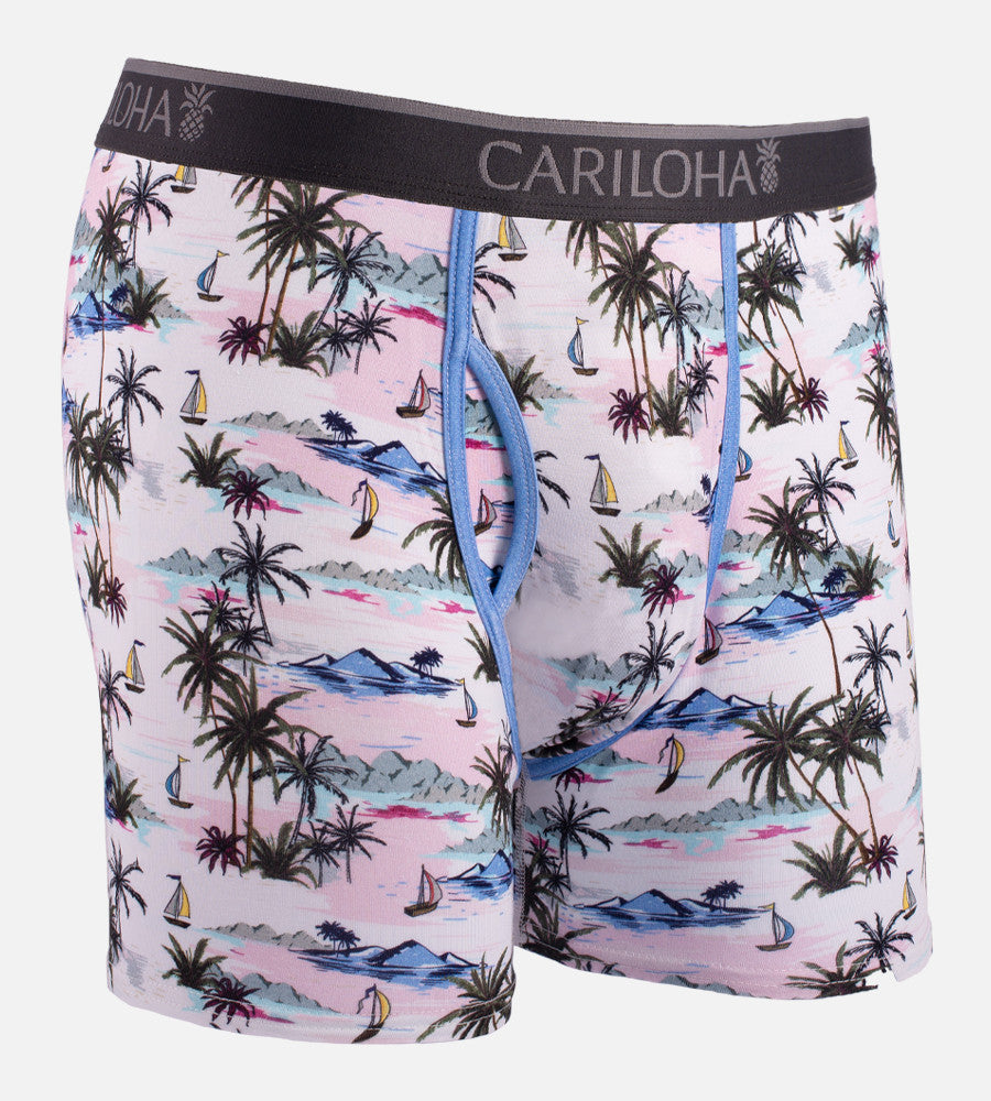 front view of vintage beach print boxers
