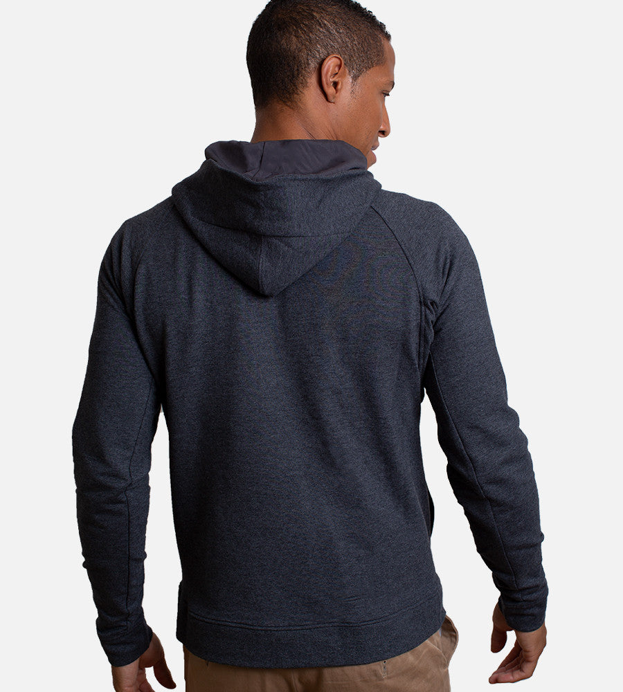 back view of model wearing charcoal zip hoodie~Charcoal Heather