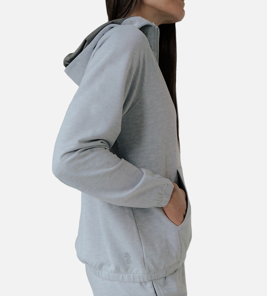 side view of model wearing gray jacket~Light Heather Gray