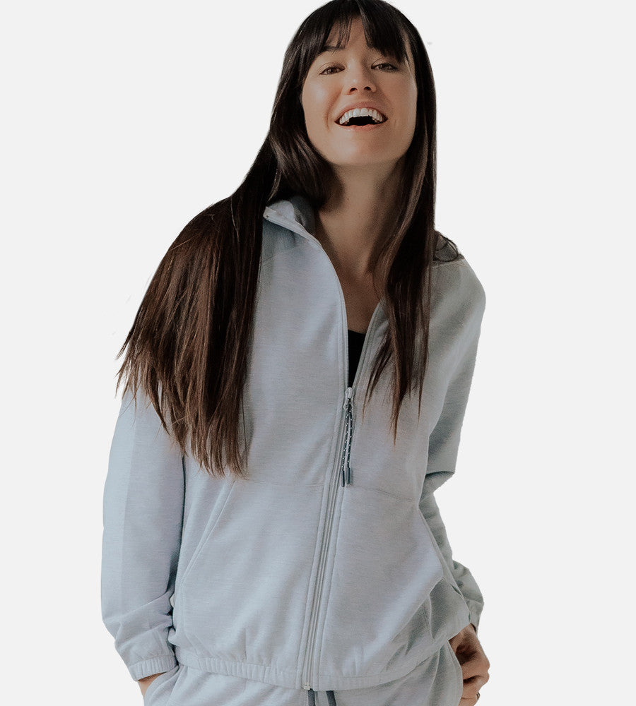 front view of model wearing gray jacket~Light Heather Gray