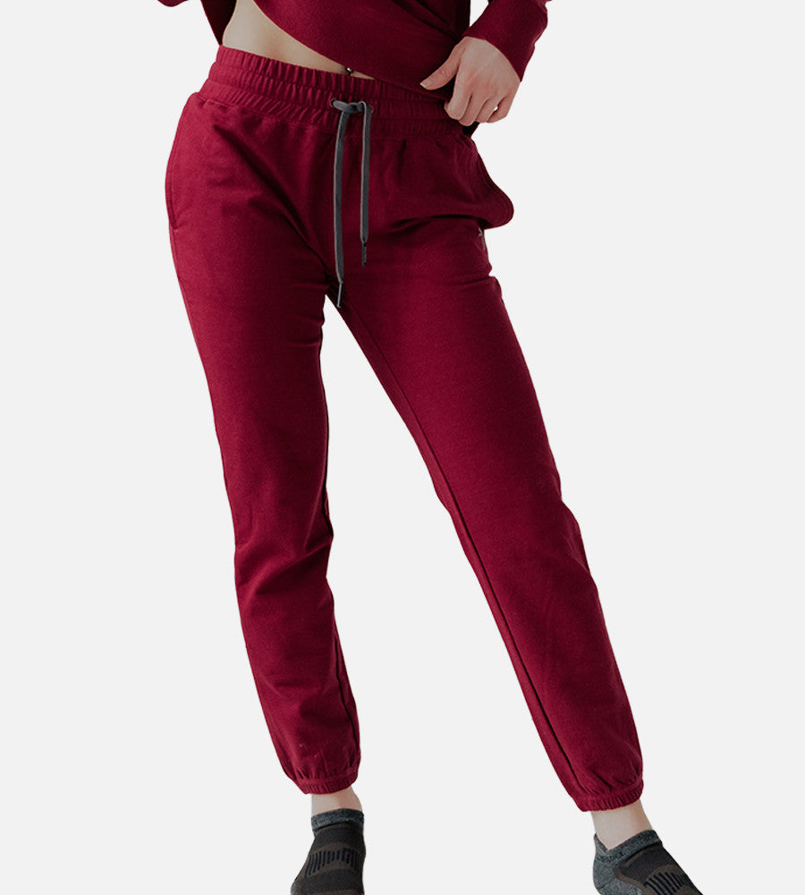 front view of models legs wearing Pomegranate joggers