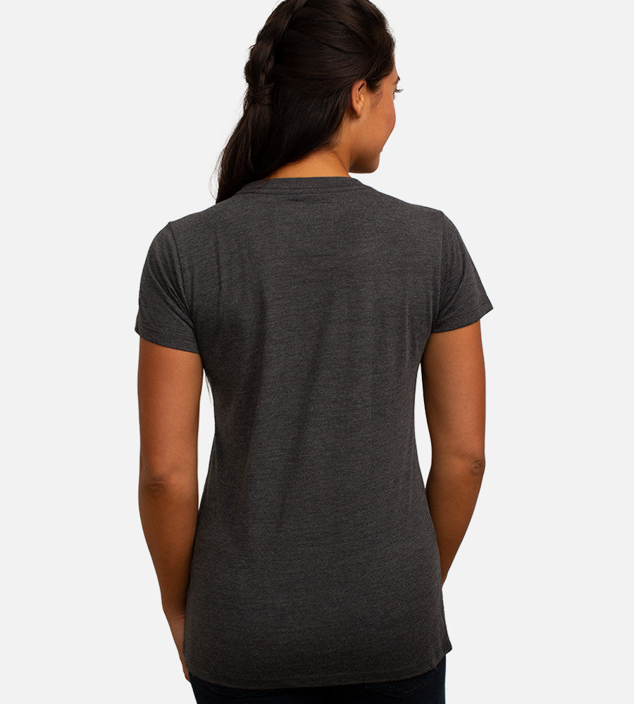 back view of model wearing charcoal heather crew tee
