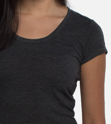 front view close-up to clearly see the neckline and sleeve of Charcoal scoop tee