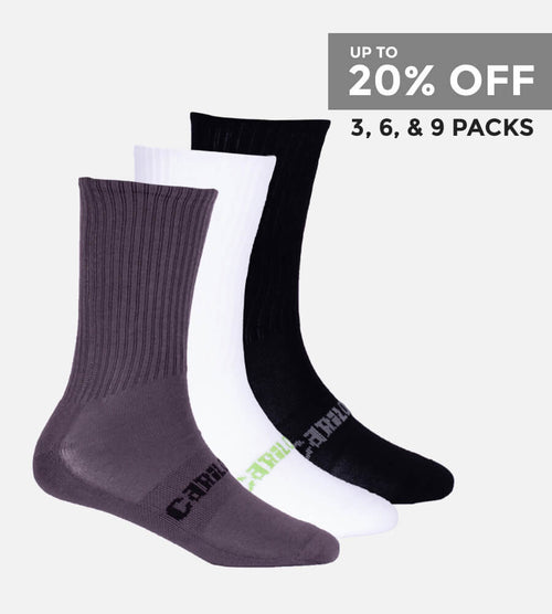 up to 20% off 3, 6, and 9 packs. A stack of 3 crew socks