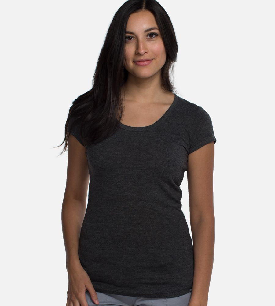 front view of girl wearing cariloha Charcoal scoop tee~Charcoal