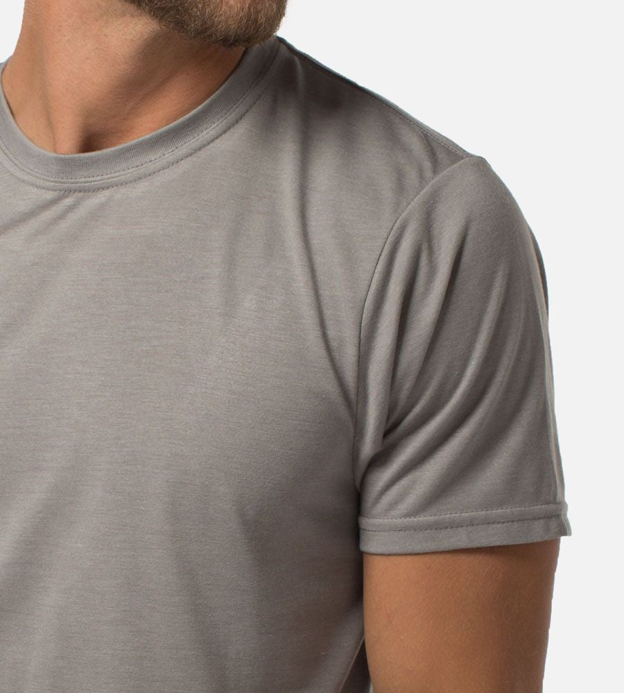 close-up on Gray comfort crew tee showing the neckline and short sleeve