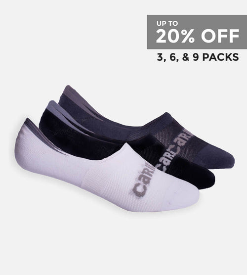 up to 20% off. 3, 6, and 9 packs. 3 no show socks stacked