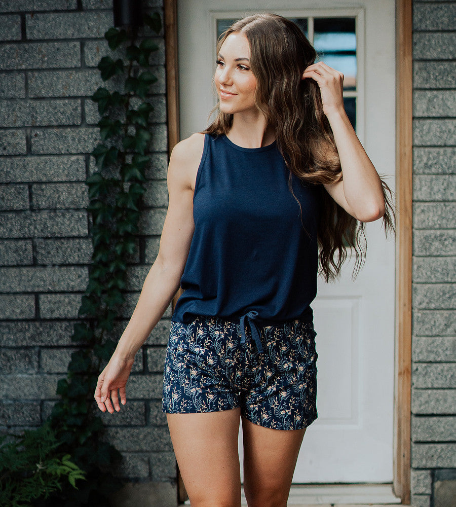 front view of model wearing midnight navy sleep tank