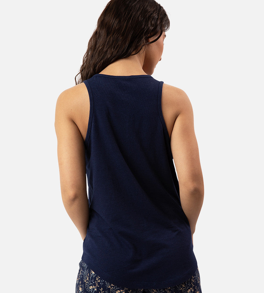 back view of model wearing midnight navy sleep tank