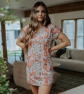 front view of model wearing blush foliage print sleep shirt