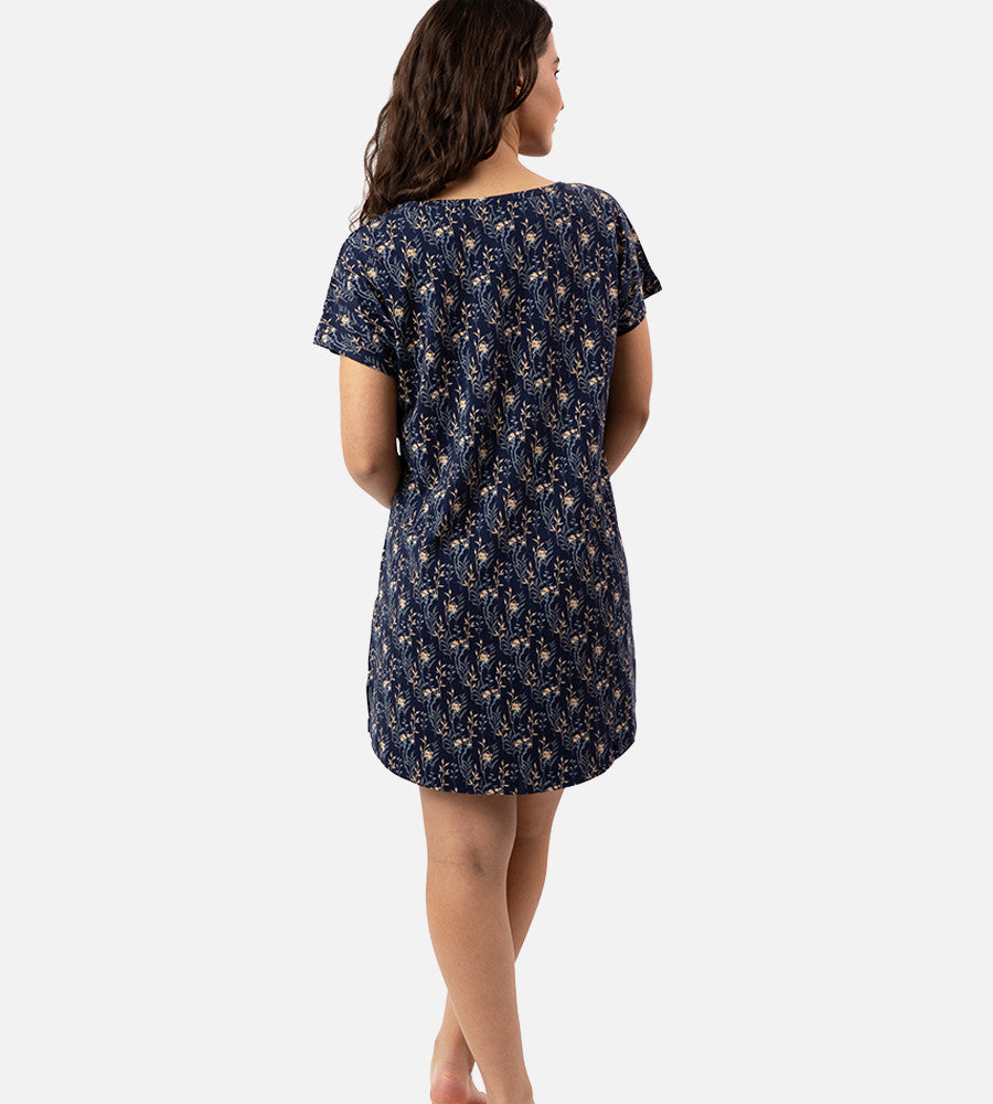 back view of model wearing midnight floral print sleep shirt
