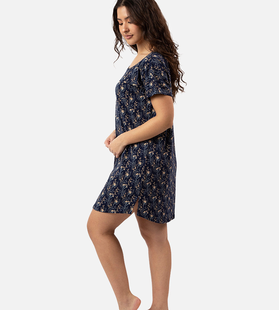 side view of model wearing midnight floral print sleep shirt
