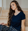 front view of model wearing midnight navy dolman
