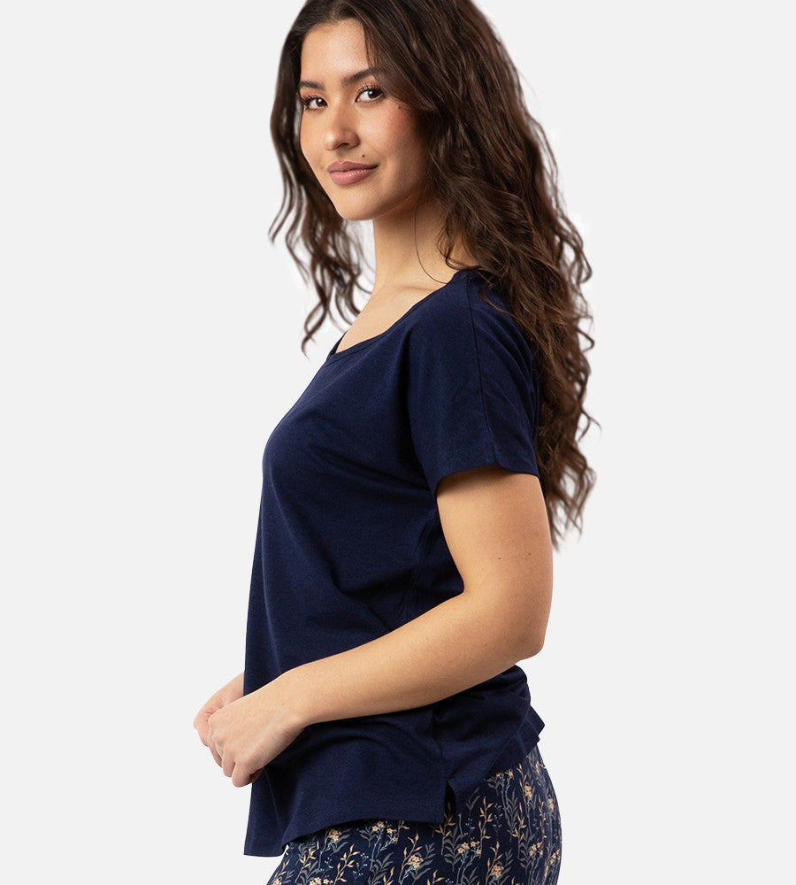 side view of model wearing midnight navy dolman