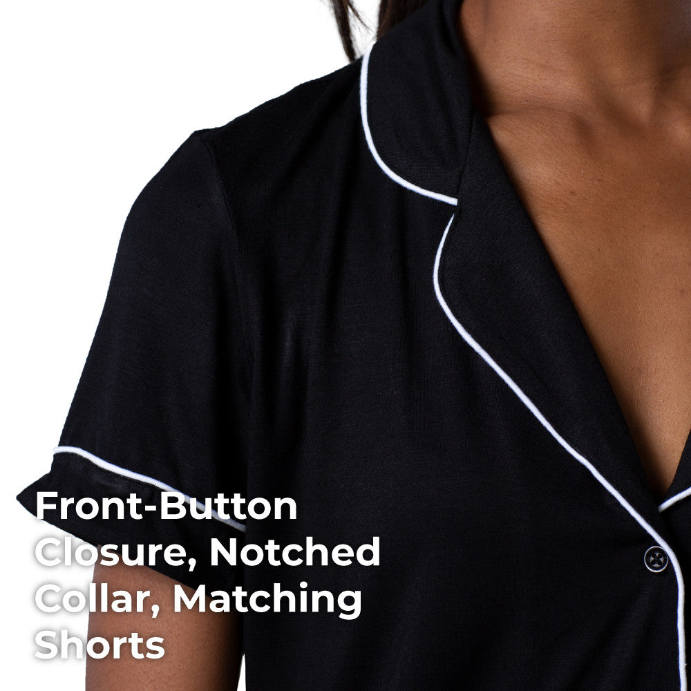 front button closure, notched collar, matching shorts