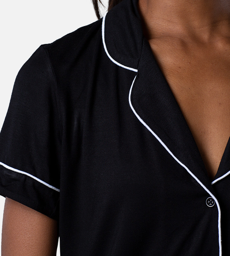 close-up on collar of black sleep set