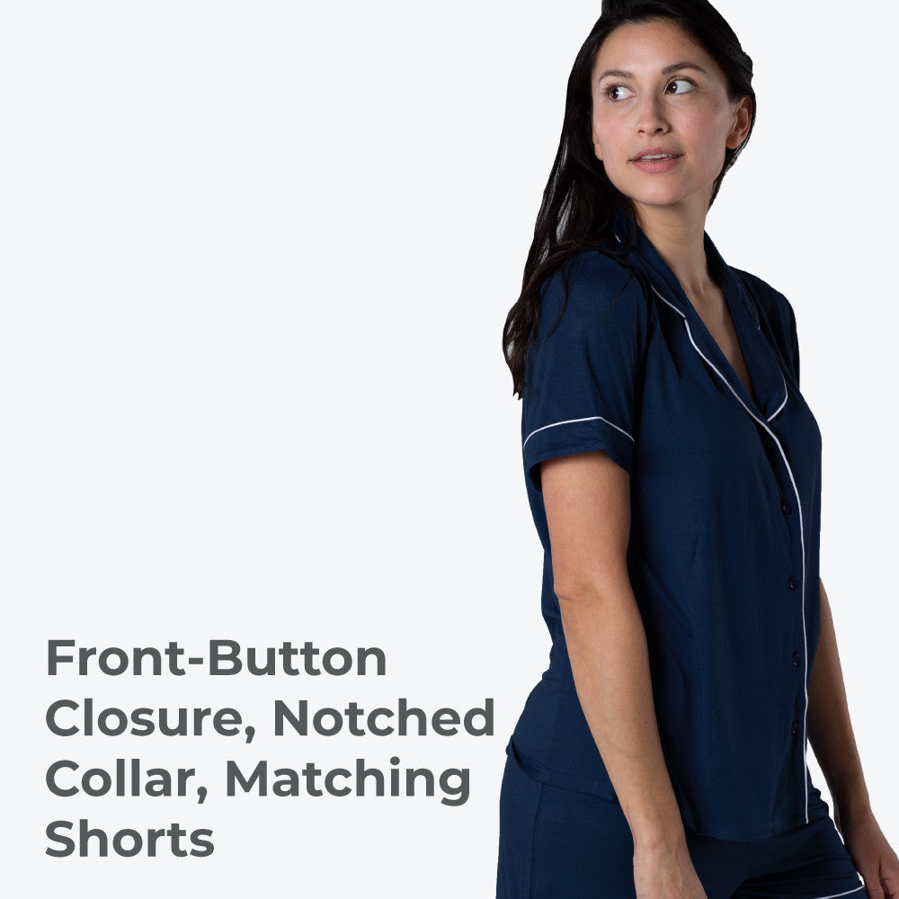front button closure, notched collar, matching shorts
