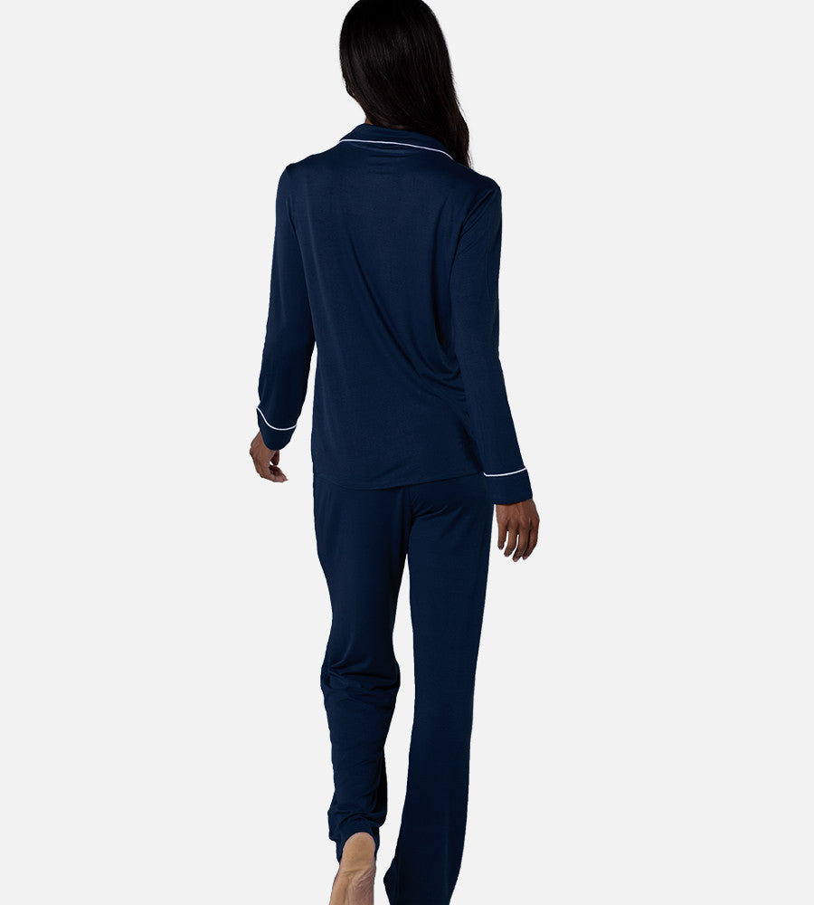 back view of model wearing nightfall navy long sleep set