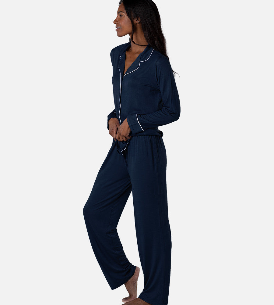 side view of model wearing nightfall navy long sleep set