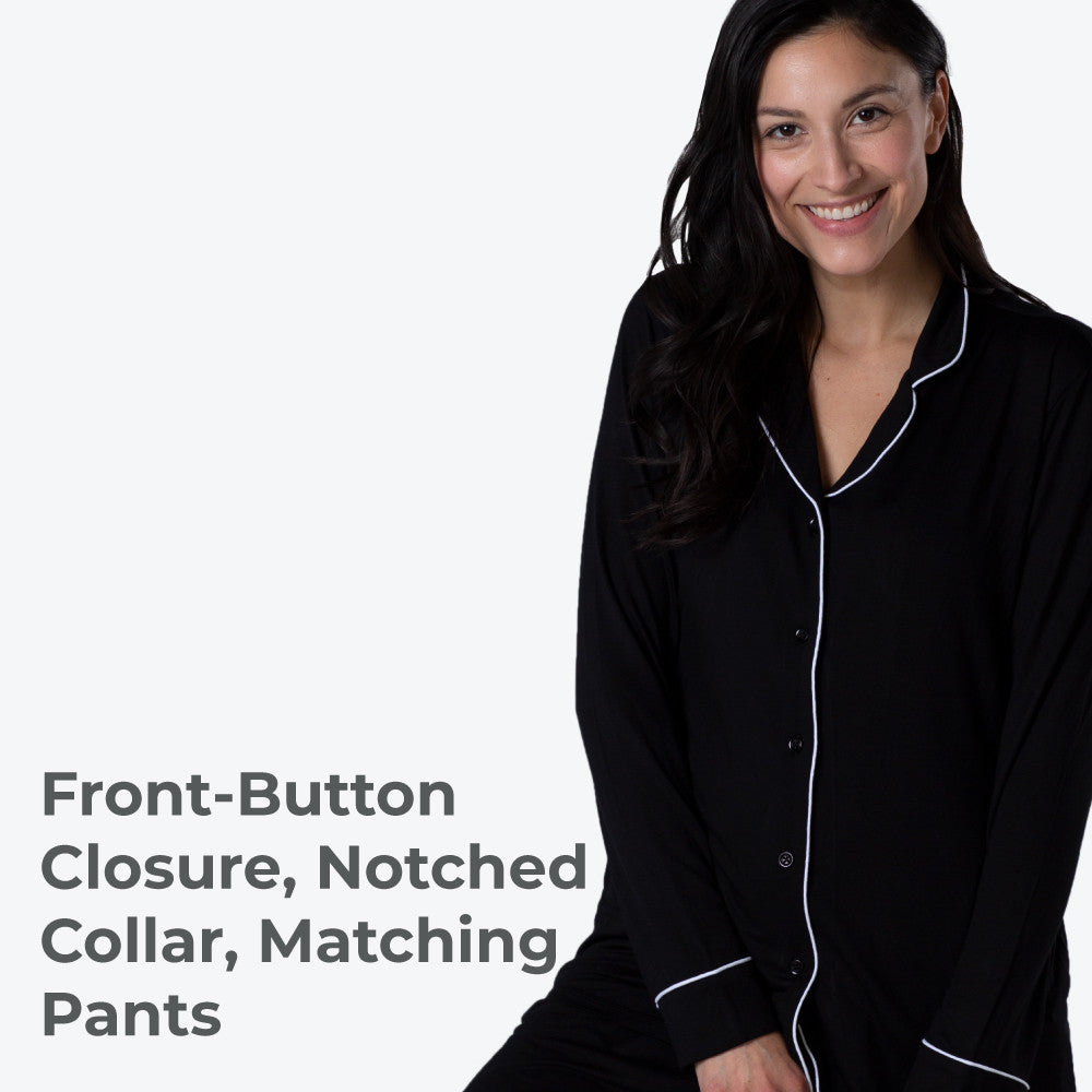 front button closure, notched collar, matching pants