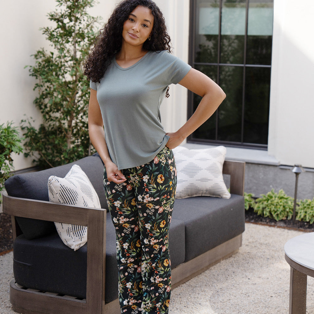 front view of model wearing vintage floral print sleep pants